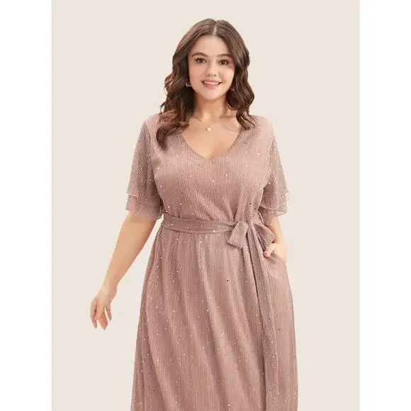 ✨ Plus Size 2X Dress with Ruffled Sleeves Sequins Sparkles & Pockets BloomChic - Picture 5 of 8